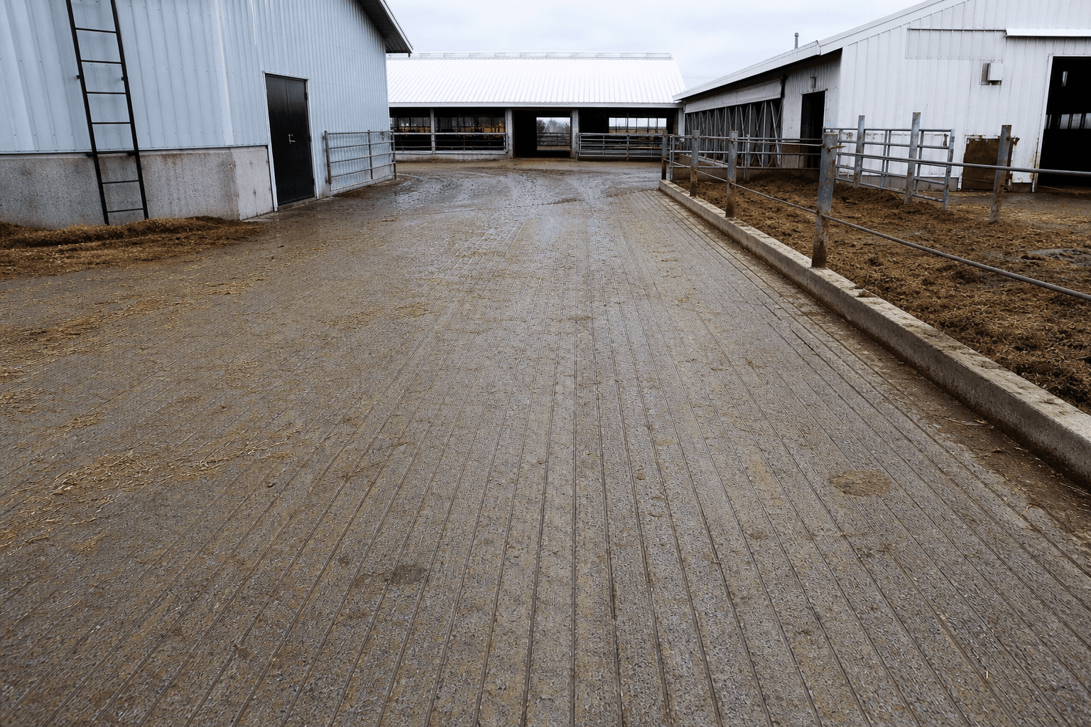 Outdoor barnyard concrete with straight-line grooving for cattle traction