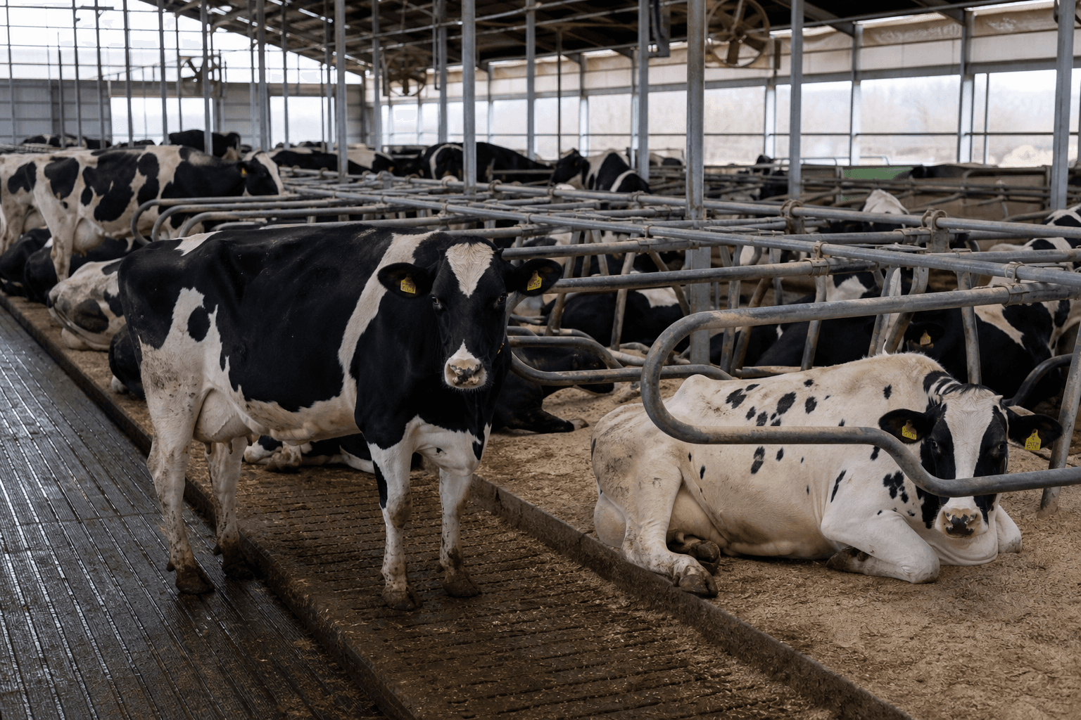 Grooved free stall floors giving dairy cows secure footing when standing and lying down