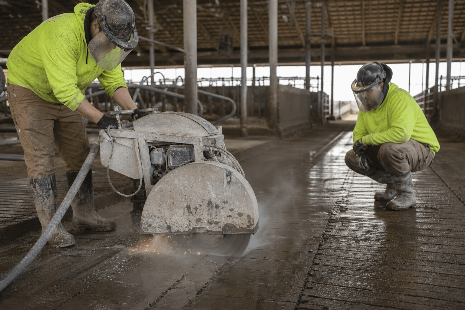Before and after regrooving worn dairy barn floor restoring square-edged traction grooves