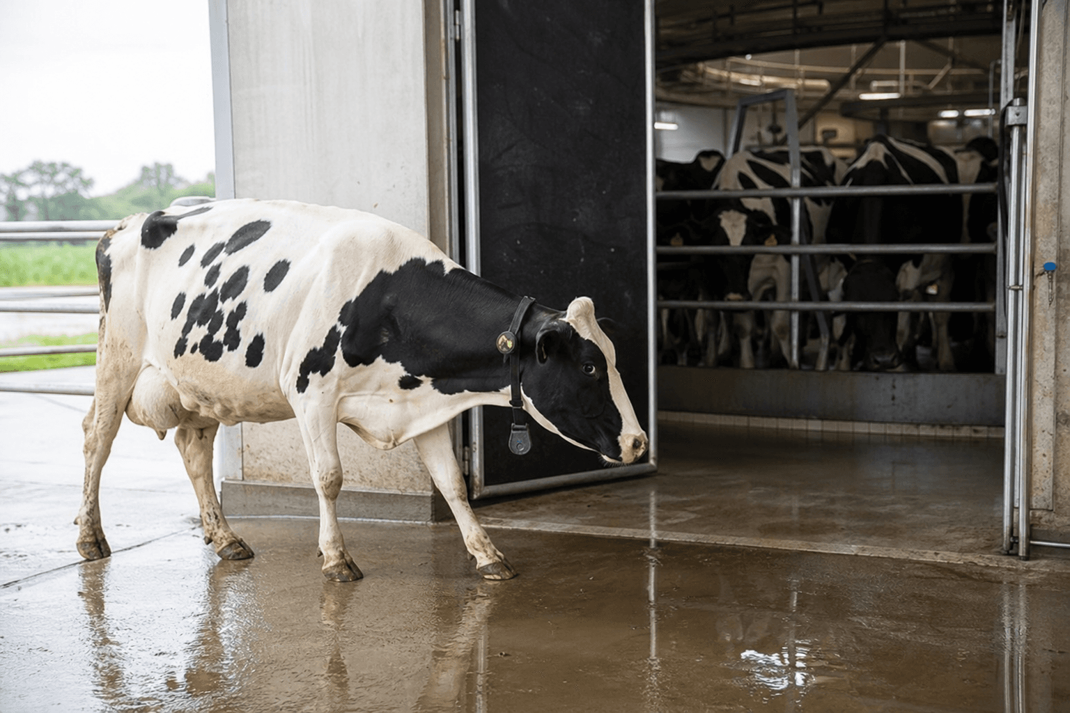 Dairy cow recovering footing on grooved barn concrete preventing slip injuries that lead to culling