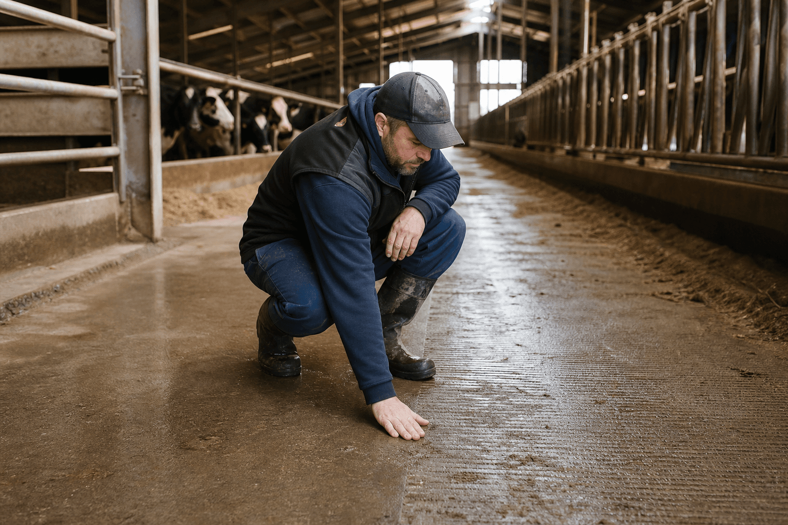 Dairy cows walking confidently on a freshly grooved barn alley with sharp square-edged traction grooves